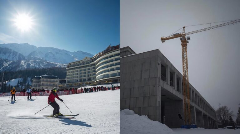 A collage showing the contrast between ski racing and suspended construction in Bansko in 2008