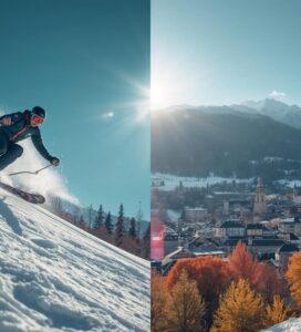 Колаж, показващ скиор на писта в Банско и панорамна гледка към града с планината Пирин през есента.