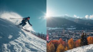 A collage showing a skier on a slope in Bansko and a panoramic view of the city with the Pirin Mountains in autumn.