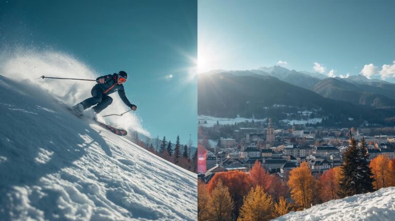 A collage showing a skier on a slope in Bansko and a panoramic view of the city with the Pirin Mountains in autumn.