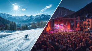 A collage showing Bansko as a year-round destination with a winter ski season and a summer jazz festival against the backdrop of Pirin Mountain.