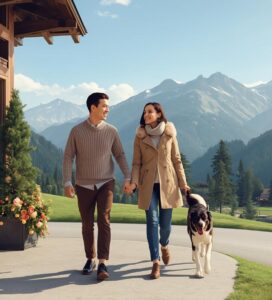 Млада двойка с бяло-черно куче разходка пред луксозен планински хотел с гледка към Пирин планината, Банско, България