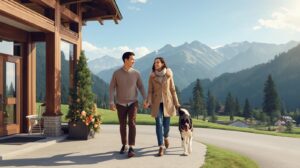 Young couple with a black and white dog walking in front of a luxury mountain hotel with a view of the Pirin Mountains, Bansko, Bulgaria