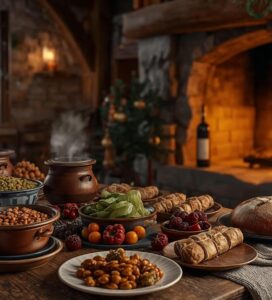 Традиционна трапеза за Бъдни вечер в автентична механа в Банско с камина и постни ястия.