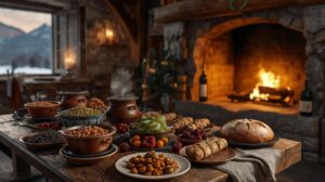Traditional Christmas Eve meal in an authentic tavern in Bansko with a fireplace and lean dishes.