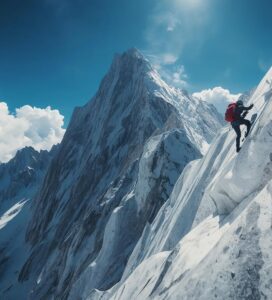 Алпинист катери мраморния Джамджиев ръб към връх Вихрен в Пирин планина.