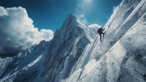 A climber climbs the marble Dzhamdzhiev Ridge towards Vihren Peak in the Pirin Mountains.