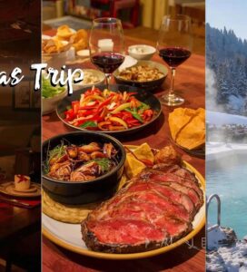 Колаж от три снимки: Бъдни вечер, Коледно празнуване и СПА басейн, илюстриращ 3-дневна програма в Банско.