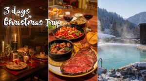 A collage of three photos: Christmas Eve, Christmas celebration and a SPA pool, illustrating a 3-day program in Bansko.