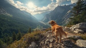 A Golden Retriever stands on a rocky mountain edge facing a dramatic valley covered in forests, with tall mountains in the background and bright sunlight.