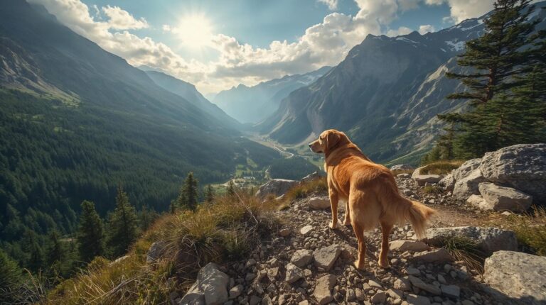 A Golden Retriever stands on a rocky mountain edge facing a dramatic valley covered in forests, with tall mountains in the background and bright sunlight.
