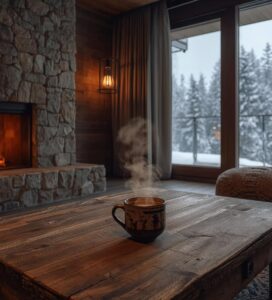 Уютен интериор на планински апартамент в Банско с горяща камина и панорамна гледка към заснежена гора.