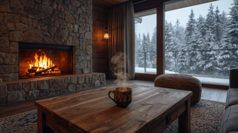 Cozy interior of a mountain apartment in Bansko with a burning fireplace and panoramic views of a snow-covered forest.