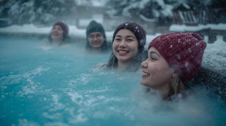 Four smiling young people in knitted hats relaxing in a scalding outdoor thermal pool surrounded by deep snow in winter.