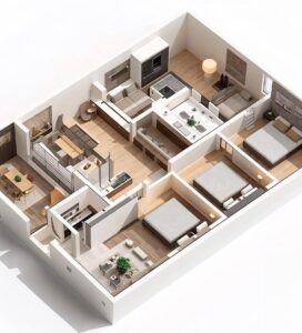 3D етажен план на луксозен многостаен апартамент в Банско с три спални и просторна дневна.