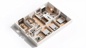 3D floor plan of a luxury multi-room apartment in Bansko with three bedrooms and a spacious living room.
