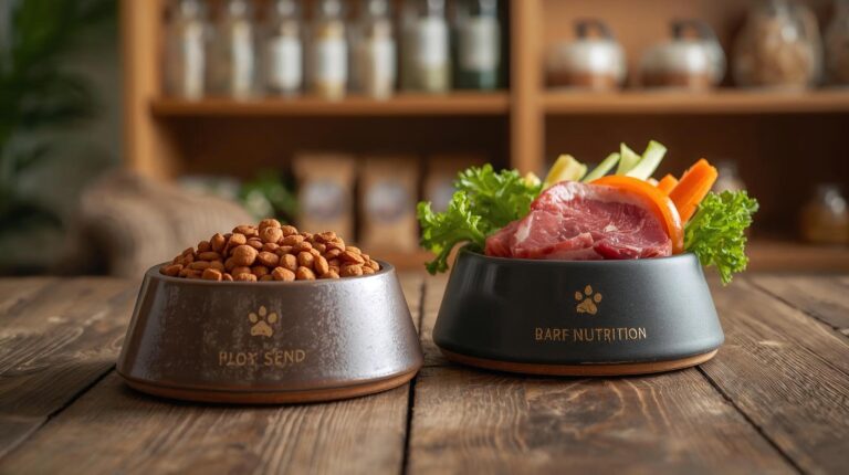 Two dog bowls on a wooden table: one, brown, filled with dry food (pellets), and the other, black, containing raw meat, vegetables (such as carrots and celery), and lettuce, labeled "BARF NUTRITION.".