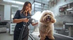 A female groomer in a black shirt is drying the fur of a small dog (probably a Cockapoo or Maltese) with a professional hair dryer in a dog grooming salon.