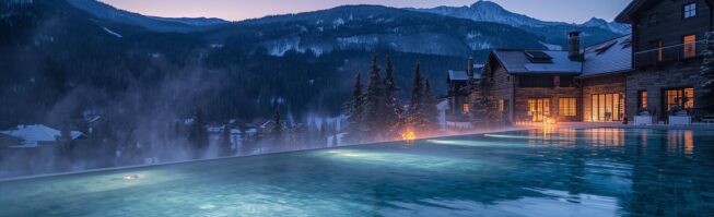 Луксозен СПА хотел в Банско с външен минерален басейн и гледка към заснежените върхове на Пирин.