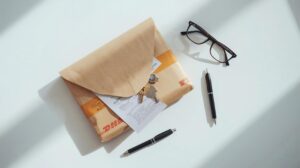 Подписване на документи за дистанционна продажба на имот в чужбина, с паспорт и телефон на масата.