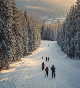 Скиори се спускат по лекия Ски път в Банско, заобиколени от борова гора