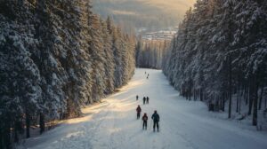 Skiers descend the easy ski path in Bansko, surrounded by a pine forest