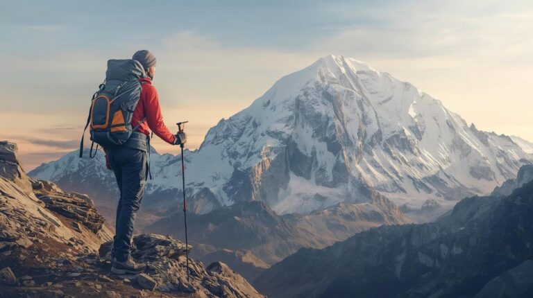 A hiker with full equipment, backpack and poles, standing on a rocky edge and looking towards the snow-capped Vihren Peak in Pirin.