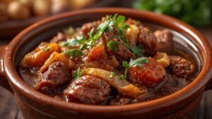 Traditional Banska Kapama with various types of meat, sausage and sauerkraut, served in a clay pot and garnished with parsley.