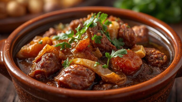 Traditional Banska Kapama with various types of meat, sausage and sauerkraut, served in a clay pot and garnished with parsley.