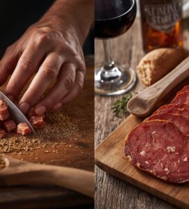 Приготвяне на Бански старец – от кълцането на месото до готовото тънко нарязано мезе с червено вино.