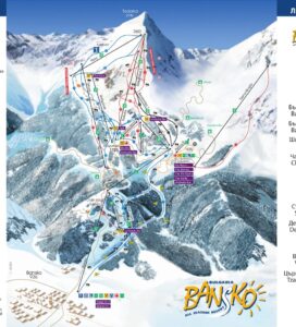 Карта на ски пистите и лифтовете в Банско, България, с маркировка на трасета от 990 до 2600 метра височина.