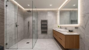 Luxurious windowless bathroom with LED lighting and a glass screen in an apartment in Bansko.