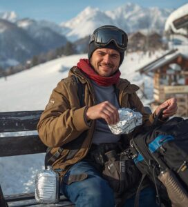 Български турист в Банско яде домашен сандвич на пистата