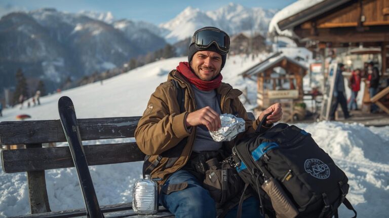 A Bulgarian tourist in Bansko eats a homemade sandwich on the piste