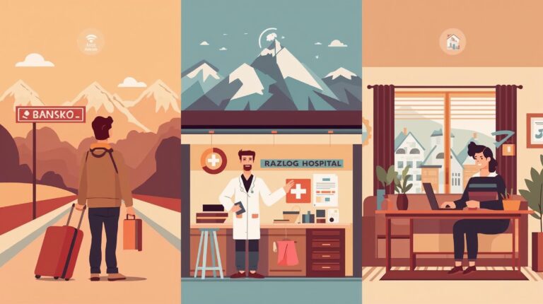 Illustrative banner in three scenes: a man arriving with a suitcase next to the "Bansko" sign in the mountains, a smiling doctor in front of "Razlog Hospital" and a man working on a laptop at home with a view of Bansko.