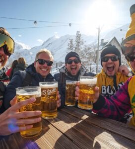 Весели британски туристи в Банско пият бира на апре-ски бар