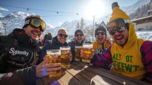 Cheerful British tourists in Bansko drink beer at an après-ski bar