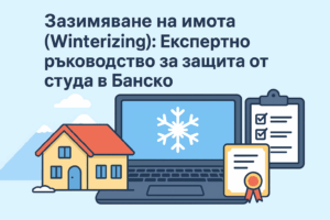 Илюстрация в модерен flat стил, показваща къща, сняг и визуални елементи, свързани със защита на имота през зимата.
