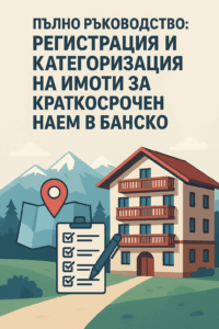 Илюстрация на планински фон в Банско с сграда за краткосрочен наем, карта с локация и контролен списък за регистрация и категоризация на туристически имот.