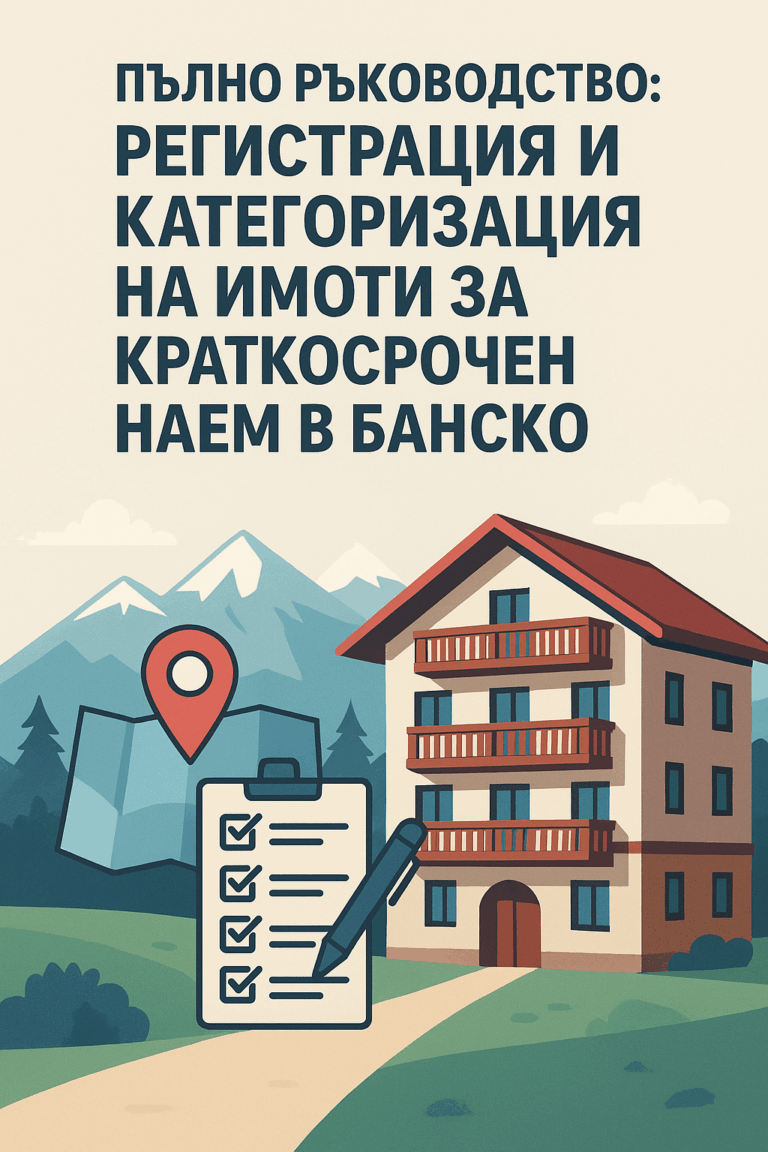 Илюстрация на планински фон в Банско с сграда за краткосрочен наем, карта с локация и контролен списък за регистрация и категоризация на туристически имот.