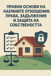 Илюстрация на къща, кантар на правосъдието, контролен списък и защитен щит, символизиращи правните основи, правата и задълженията в наемните отношения.