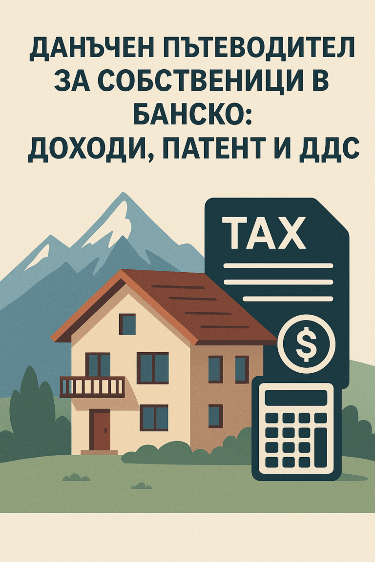 Илюстрация на къща в Банско с планински фон, до която са изобразени икони за данъци, калкулатор и финансов документ, символизиращи доходи, патентен данък и ДДС.