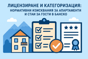 Илюстрация, показваща къща, контролен списък и сертификат с категории, символизиращи процеса по лицензиране и категоризация на апартаменти и стаи за гости в Банско.