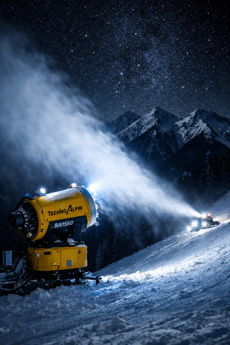 A yellow TechnoAlpin snow machine operates at night on a ski slope in Bansko with the Pirin Mountains in the background.