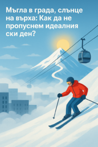 A skier skis down a snowy slope above the clouds, while the city below is in fog and a gondola lifts to the sunlit peaks.