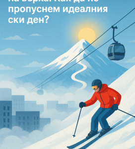 Скиор спуска снежен склон над облаците, докато градът долу е в мъгла и кабинков лифт се изкачва към слънчевите върхове.