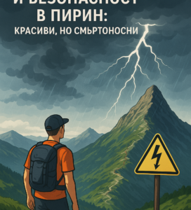 Илюстрация на турист в Пирин, който наблюдава летна буря с тъмни облаци и мълнии над планинските върхове.