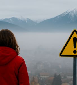 Жена с червено яке гледа към покрития с мъгла град Банско, с планински върхове на Пирин на заден план и предупредителна табела с удивителен знак.