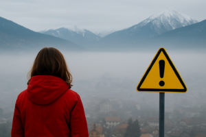 A woman in a red jacket looks out over the fog-covered town of Bansko, with the mountain peaks of Pirin in the background and a warning sign with an exclamation mark.