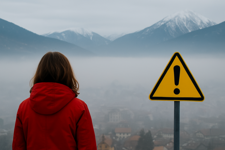 A woman in a red jacket looks out over the fog-covered town of Bansko, with the mountain peaks of Pirin in the background and a warning sign with an exclamation mark.